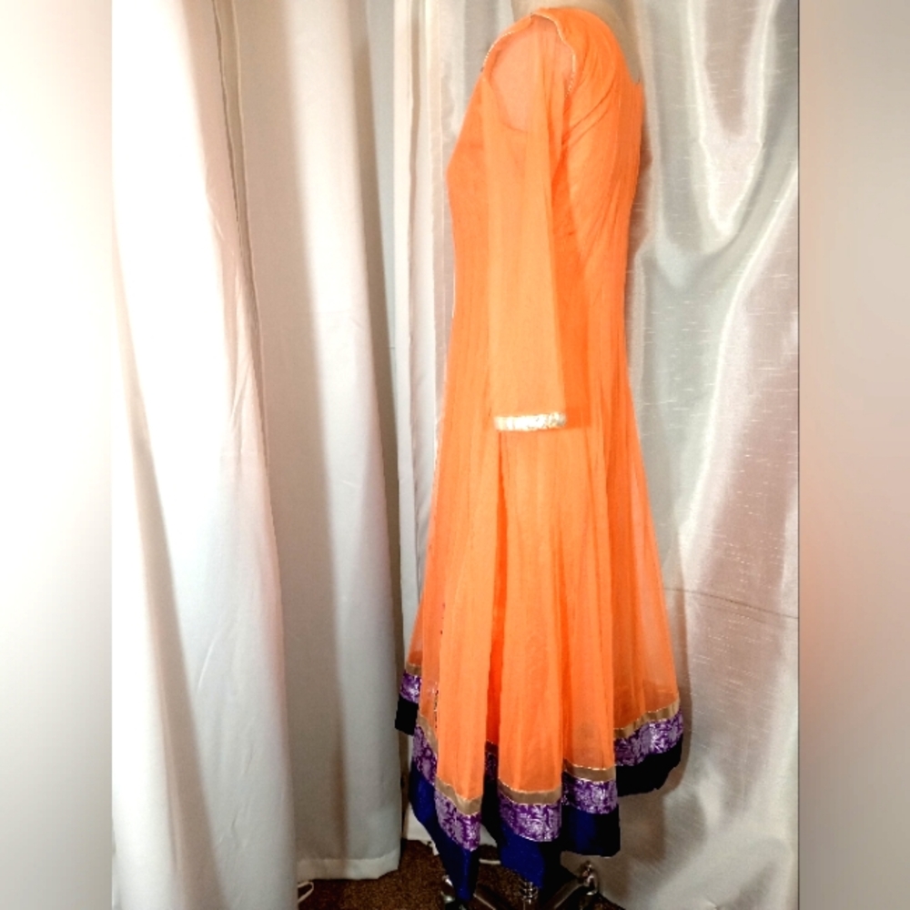 Halloween  Beaded Indian Maxi Dress, Orange, Purple floral, gold satin trim, L - Picture 6 of 12